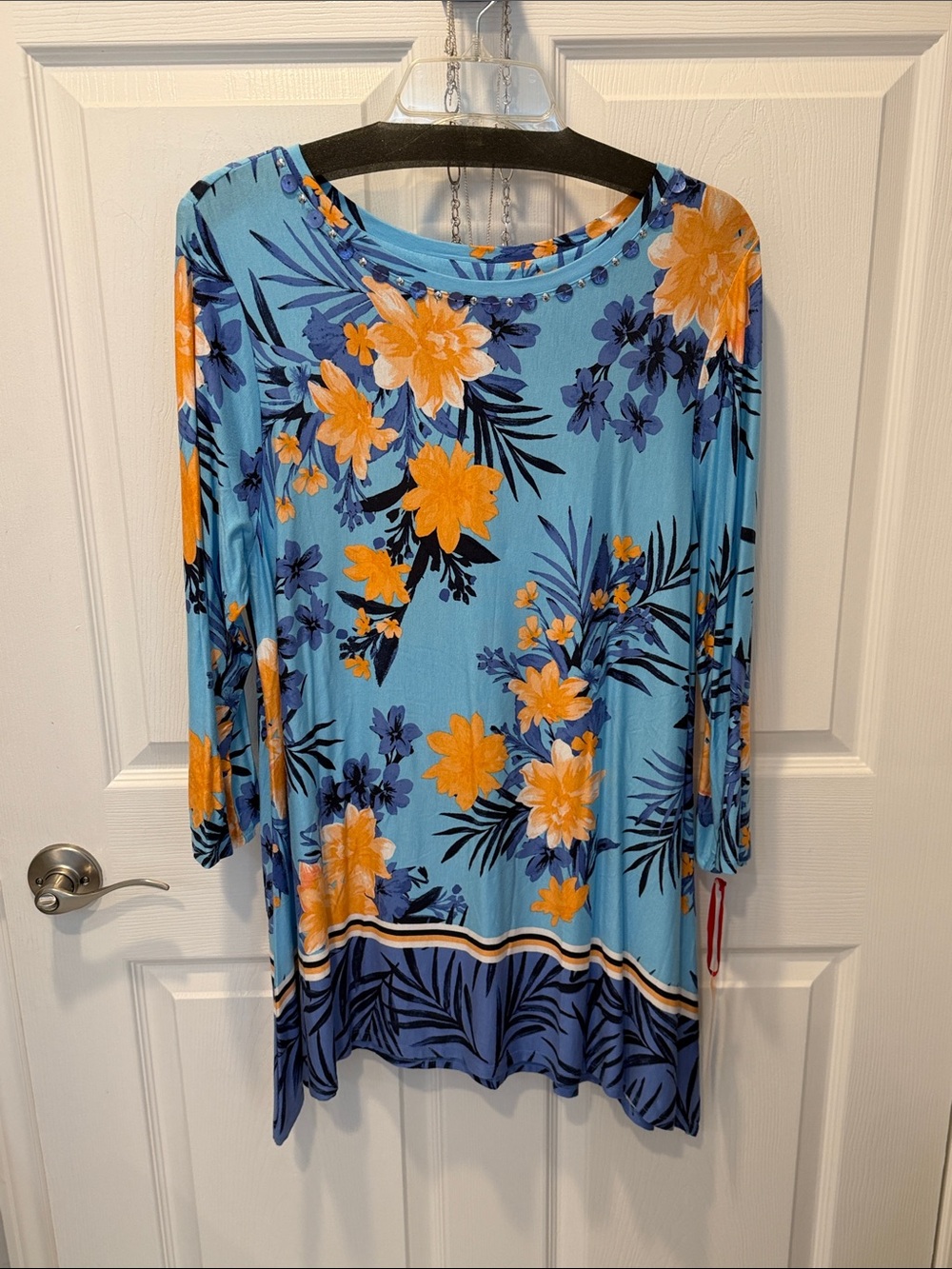 Ruby Rd. Aqua Floral Tunic with Orange & Navy Blooms